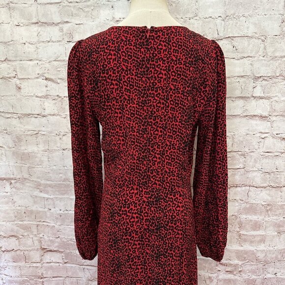 LOFT Womens Midi Dress Size 4 Red Animal Print Cheetah Long Sleeve Side Slit NEW - Picture 9 of 11